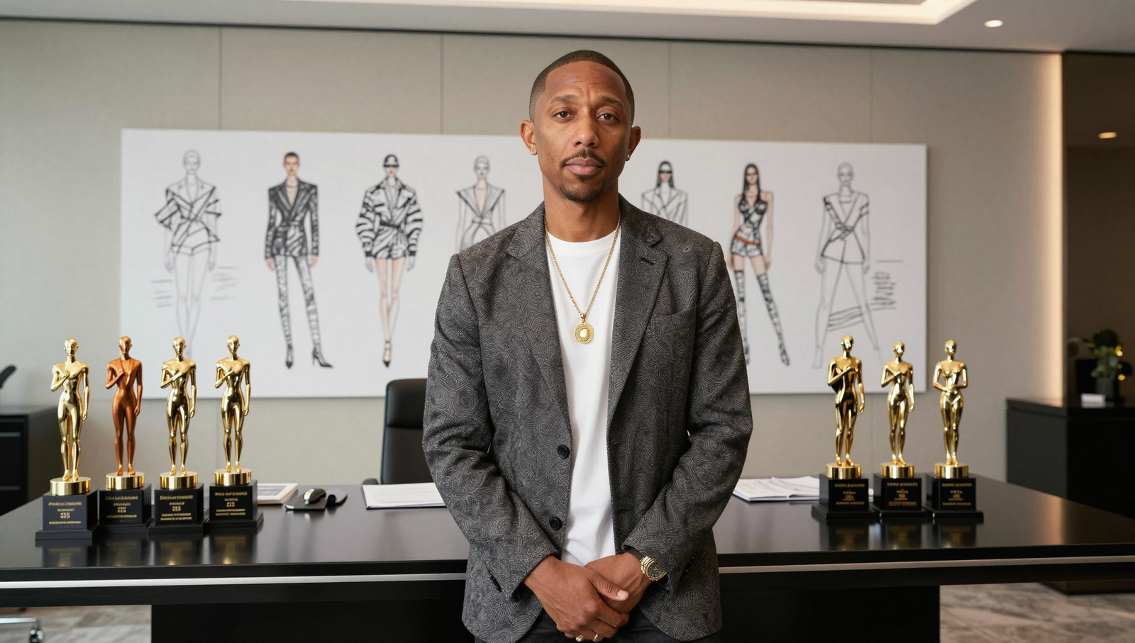 Pharrell Williams at his desk representing his massive net worth and business empire.